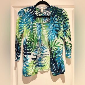 Chico's Blue Green Leaf Pattern open front Cardigan lightweight travel-friendly